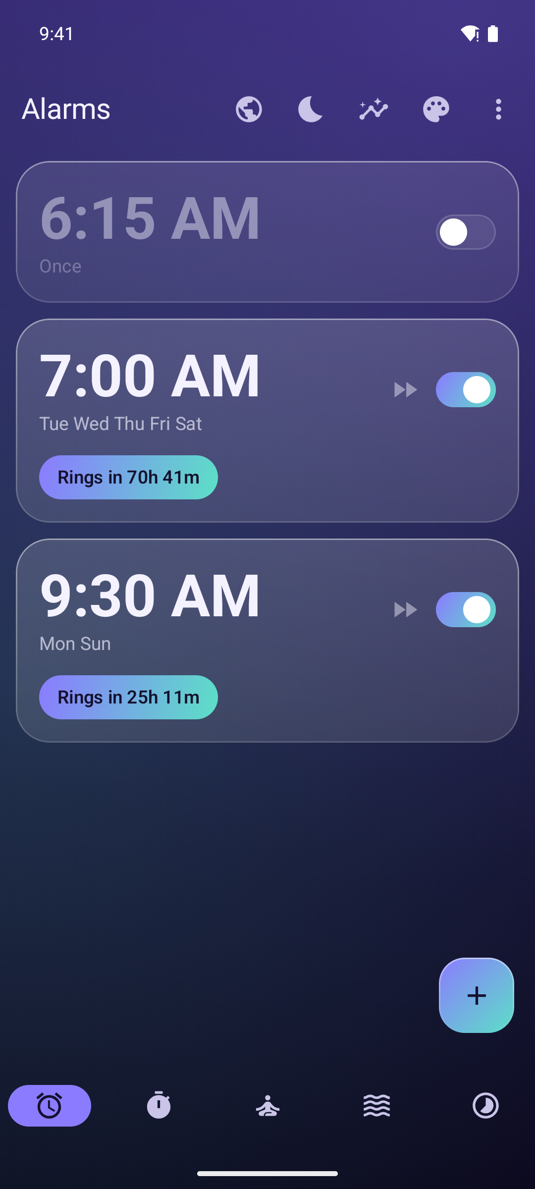 WakeGlass alarms screen